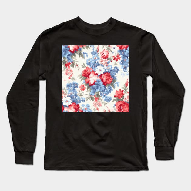 Red White and Blue Patriotic Shabby Floral Long Sleeve T-Shirt by VintageFlorals